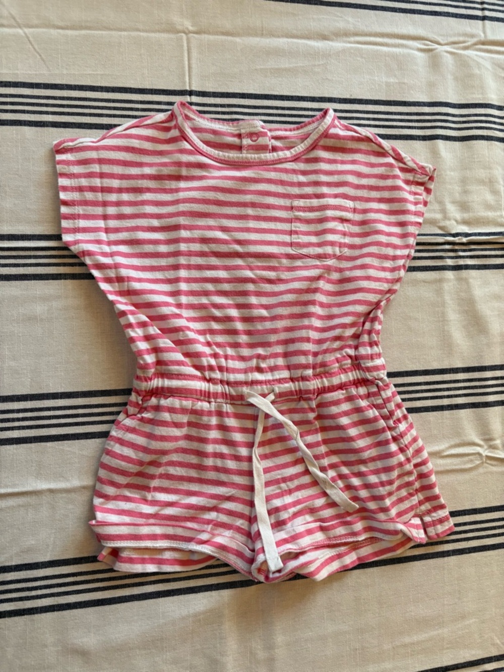 Primary Pink & White Striped Cotton Romper with Drawstring Waist